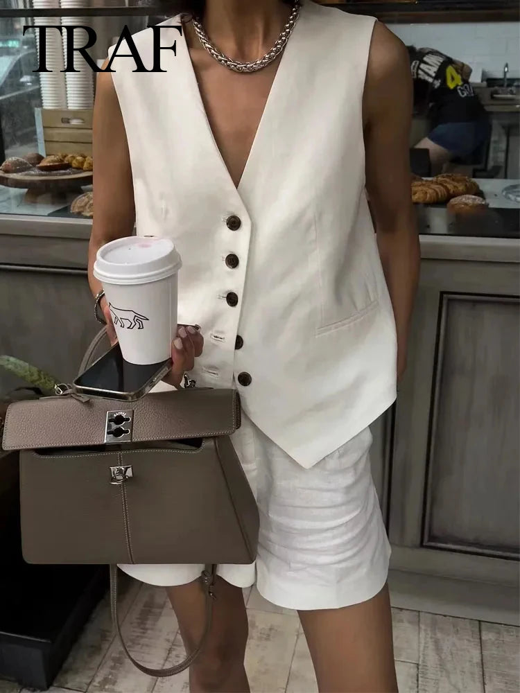 Elegant Solid Waistcoat Shorts Set