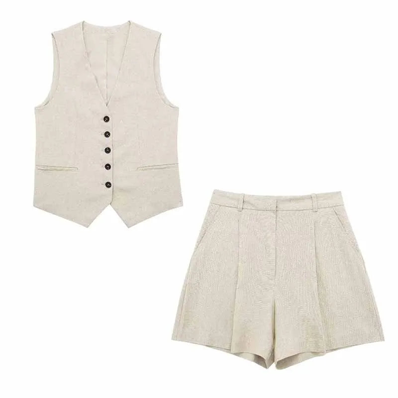Elegant Solid Waistcoat Shorts Set