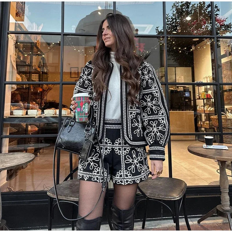 Vintage Printed Jacket Shorts Set