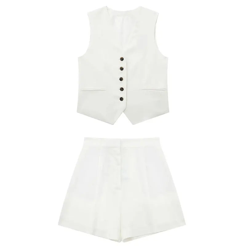 Elegant Solid Waistcoat Shorts Set