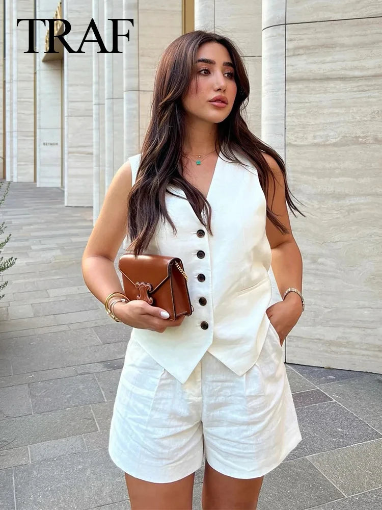Elegant Solid Waistcoat Shorts Set