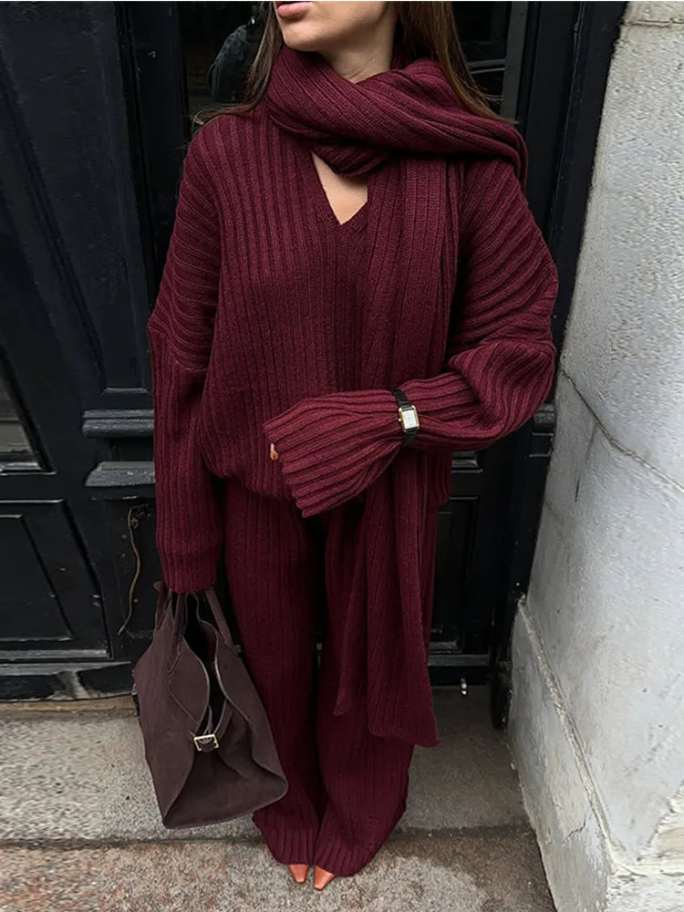 Elegant Burgundy Loose Wide Leg Pants Set