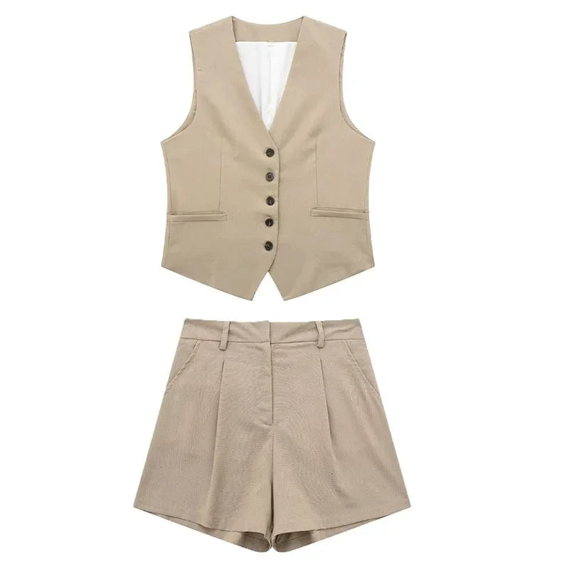 Elegant Solid Waistcoat Shorts Set