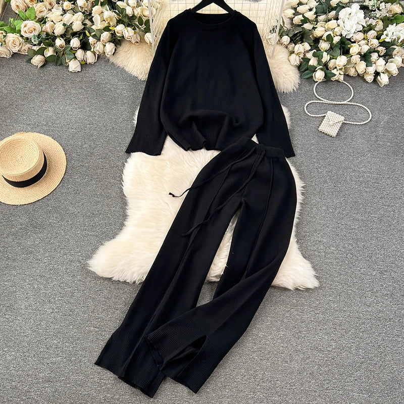 Knitted Loose Sweater and Wide Leg Pants Outfit