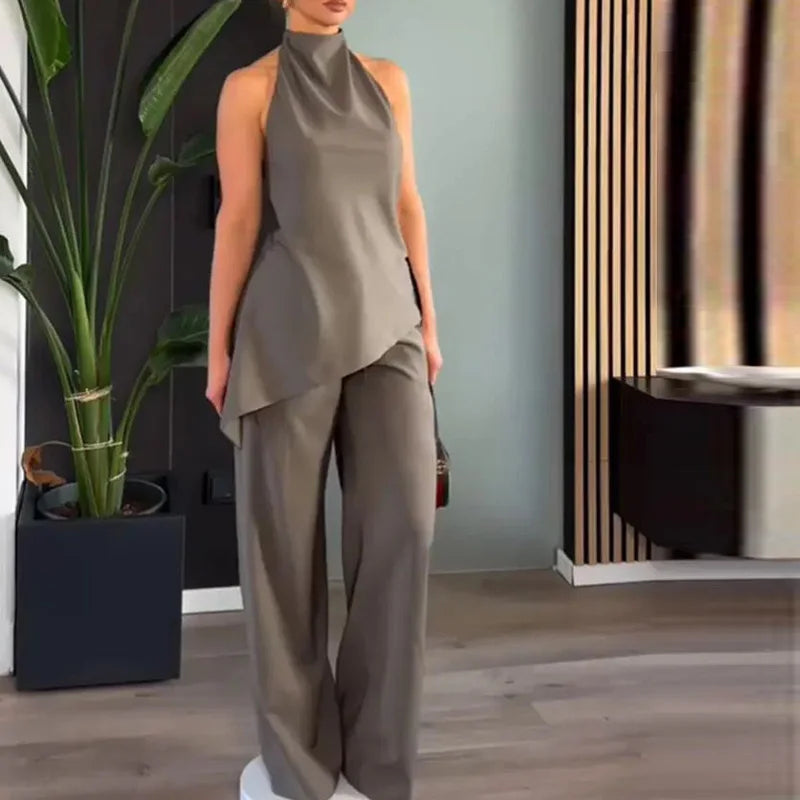 TRAF Halter Neck Asymmetrical Top and Pants