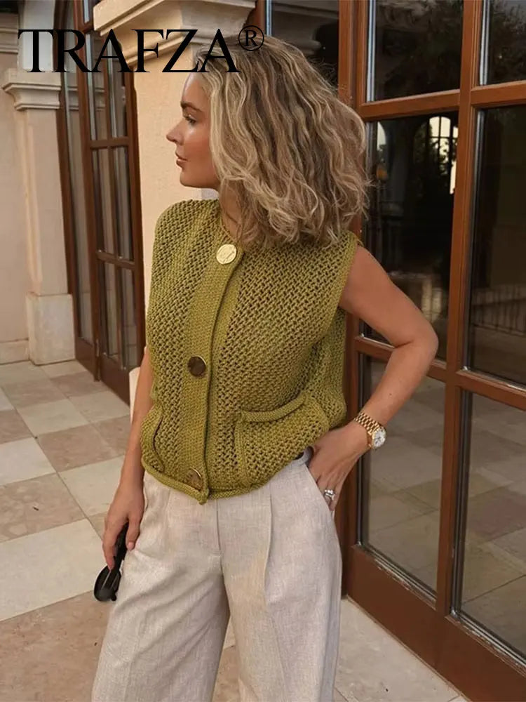 TRAFZA Knit Button Vests