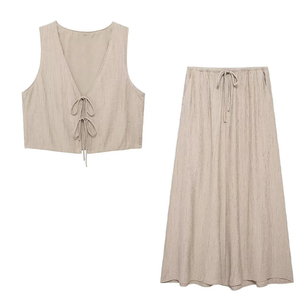Chic V-neck Sleeveless Lace-up Casual Skirt Set