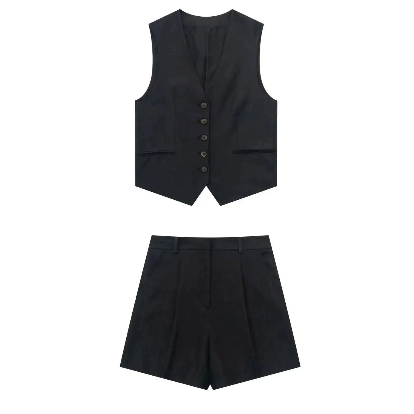 Elegant Solid Waistcoat Shorts Set