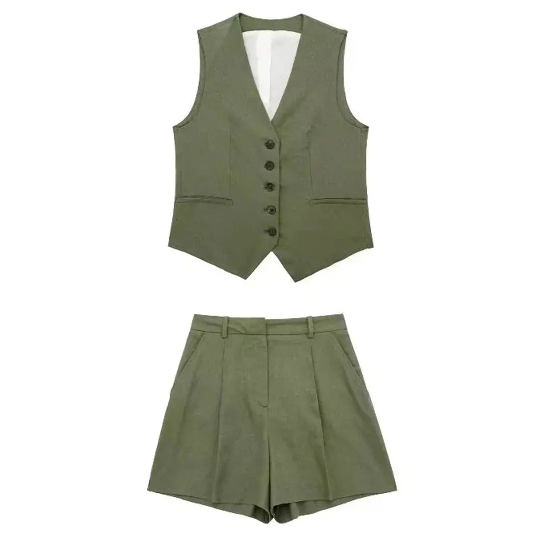 Elegant Solid Waistcoat Shorts Set