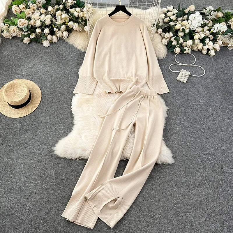 Knitted Loose Sweater and Wide Leg Pants Outfit