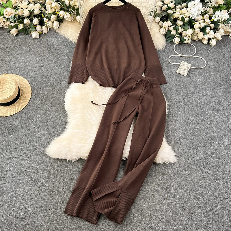 Knitted Loose Sweater and Wide Leg Pants Outfit