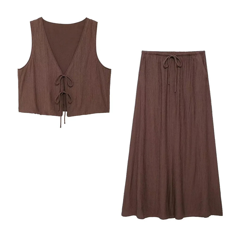 Chic V-neck Sleeveless Lace-up Casual Skirt Set
