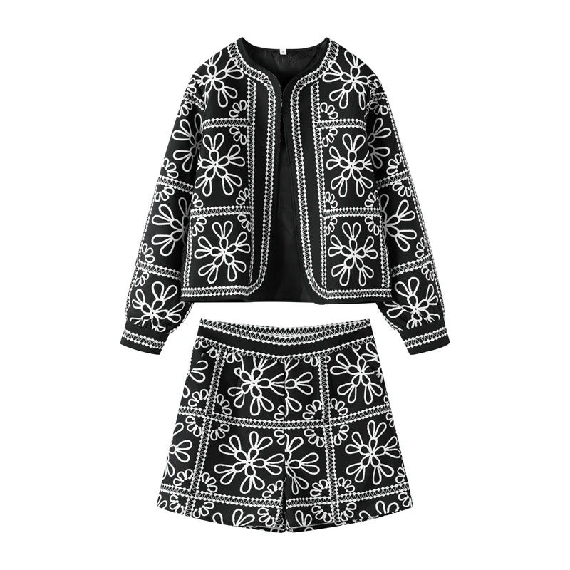 Vintage Printed Jacket Shorts Set