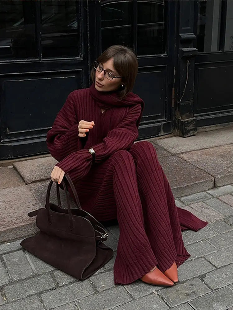 Elegant Burgundy Loose Wide Leg Pants Set