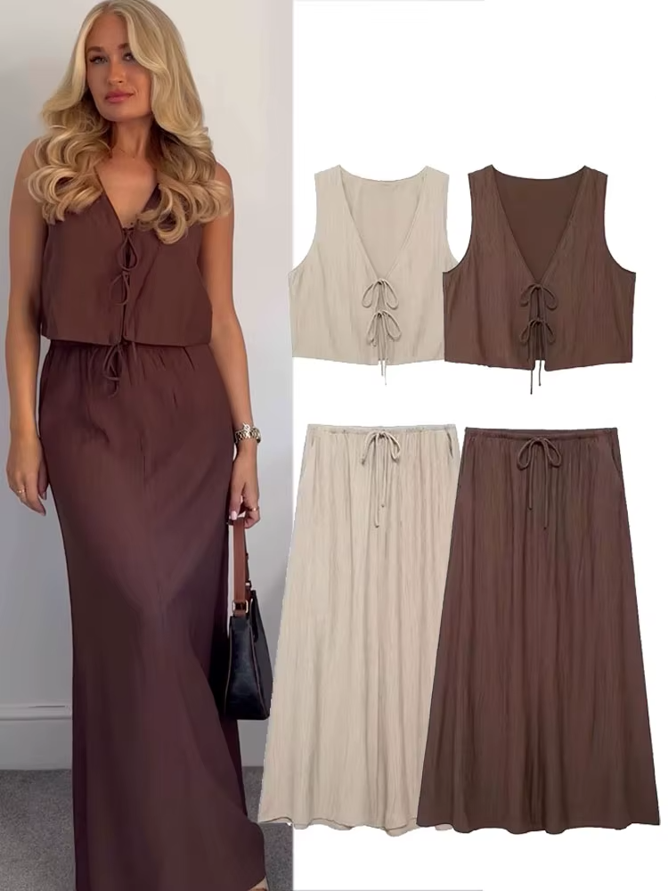 Chic V-neck Sleeveless Lace-up Casual Skirt Set