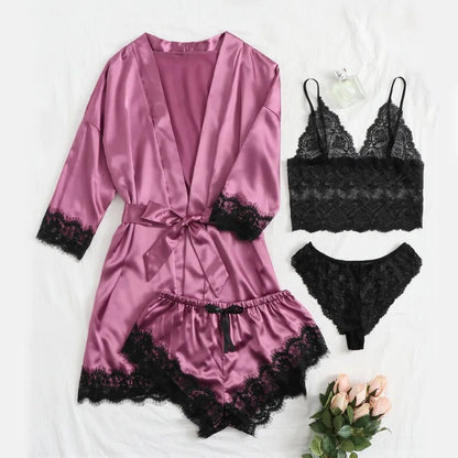 Satin 4-piece Lace Silk Sleepwear