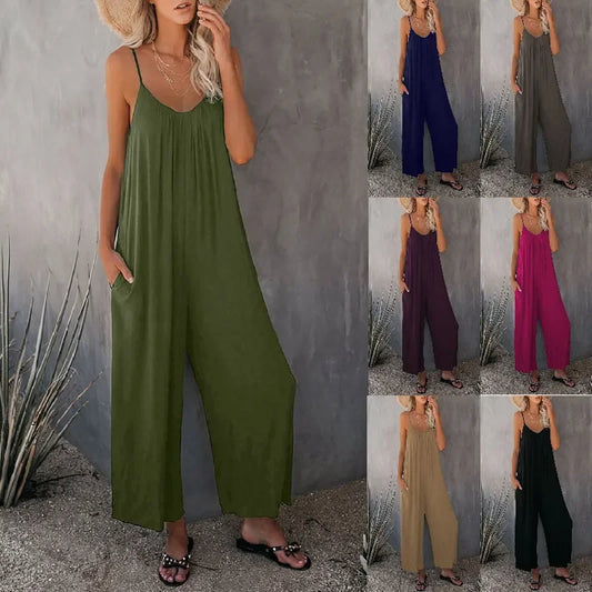 Suspender Summer Tolid Color Pocket Casual Jumpsuit