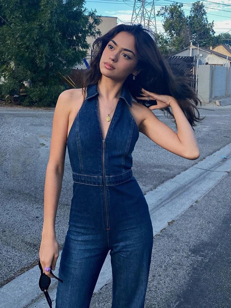 Denim Jumpsuit V Neck Zipper Bell Sleeveless Sexy Outifts Elegant