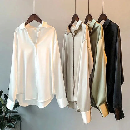 Button Down Vintage Satin Long Sleeve Blouse