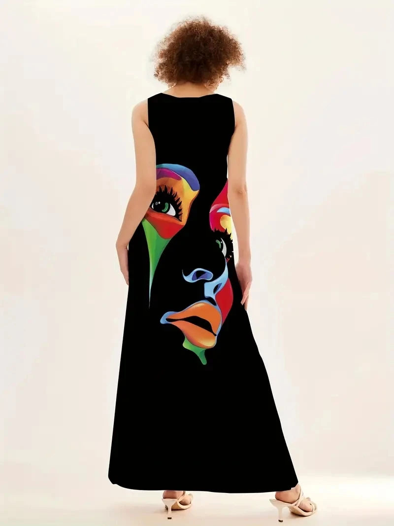 Sleeveless V-neck Printed Sexy Long Dress