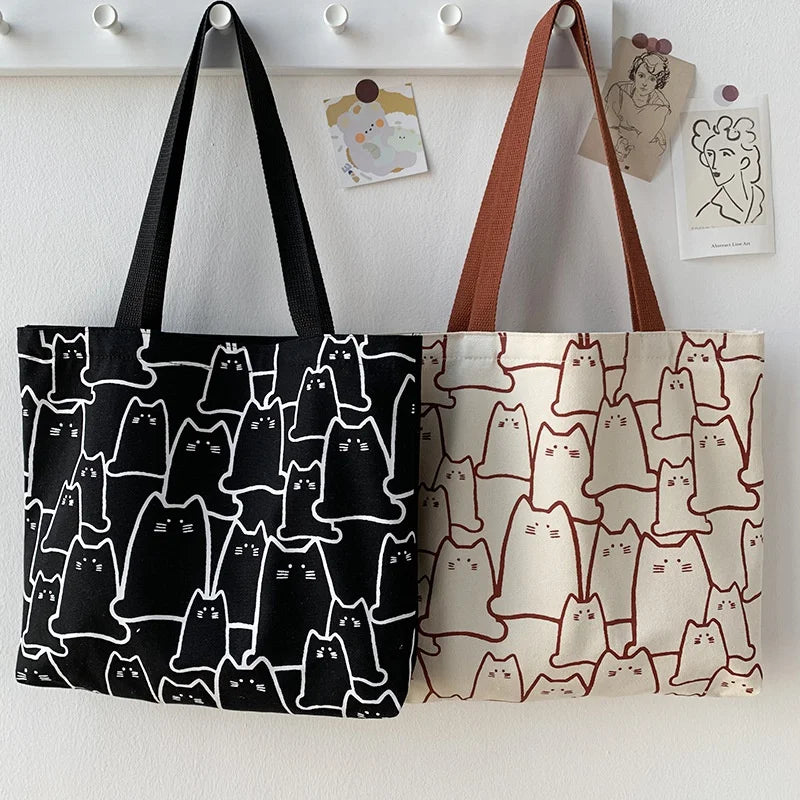 Canvas Cat Tote Bag with Zipper