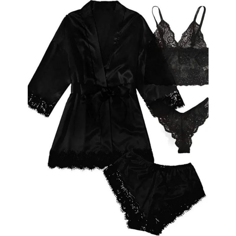 Satin 4-piece Lace Silk Sleepwear