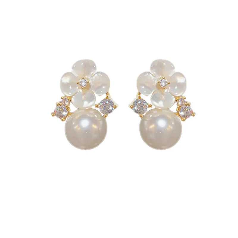 Elegant Opal Flower Pearl Stud Earrings