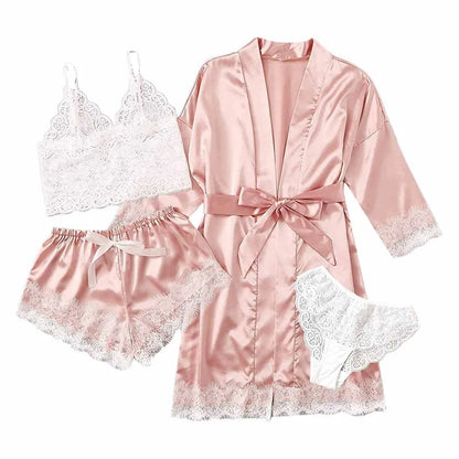 Satin 4-piece Lace Silk Sleepwear