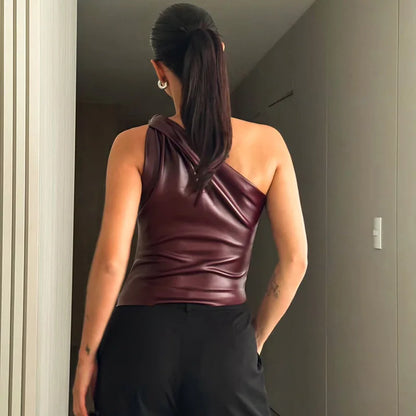 Sexy Skinny Asymmetric Diagonal Shoulder Crop Top