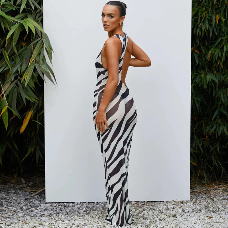 Mesh Sleeveless Striped Print Sexy Maxi Dress