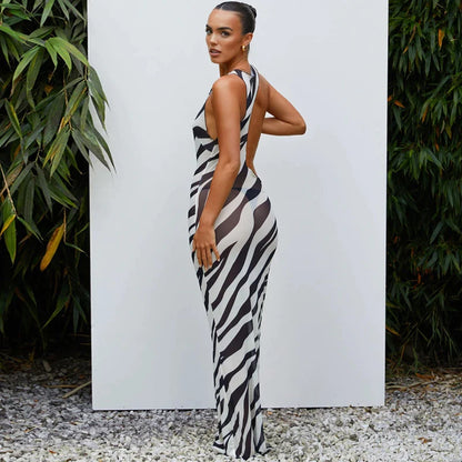 Mesh Sleeveless Striped Print Sexy Maxi Dress