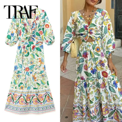 TRAF Print Ruffle Long Dress