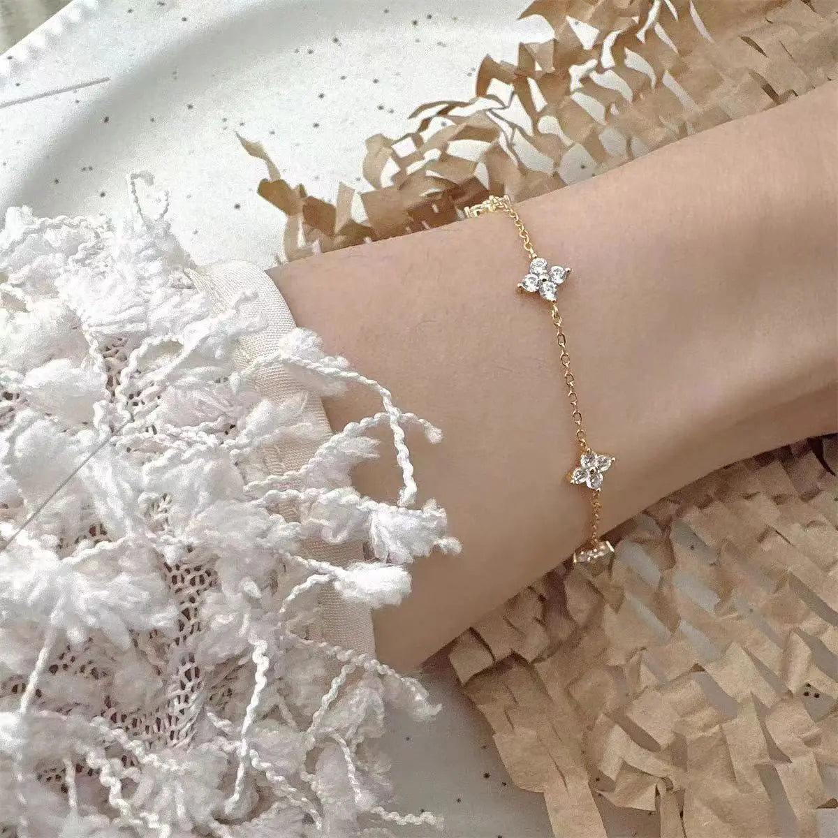 925 Sterling Silver Four-leaf Clover Zircon Starry 18K Gold Bracelets