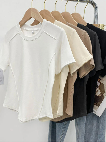 Solid color round-neck short-sleeved slim T-shirt