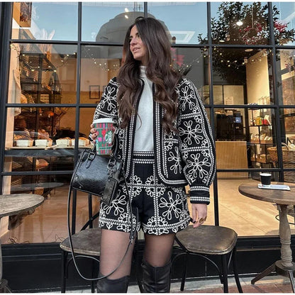 Vintage Printed Jacket Shorts Set