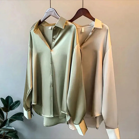 Button Down Vintage Satin Long Sleeve Blouse