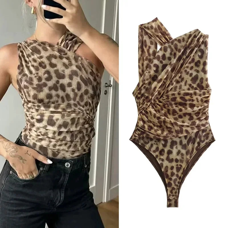 Leopard Print Mesh Sleeveless Bodysuit