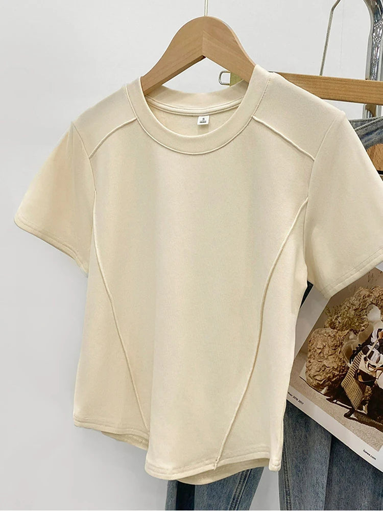 Solid color round-neck short-sleeved slim T-shirt