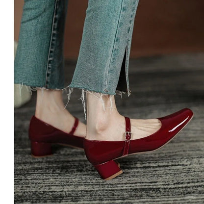 Square Toe Red Leather Shoes