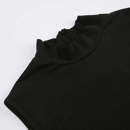 Casual Jogger Bodycon Rompers Solid Black Sleeveless Turtleneck