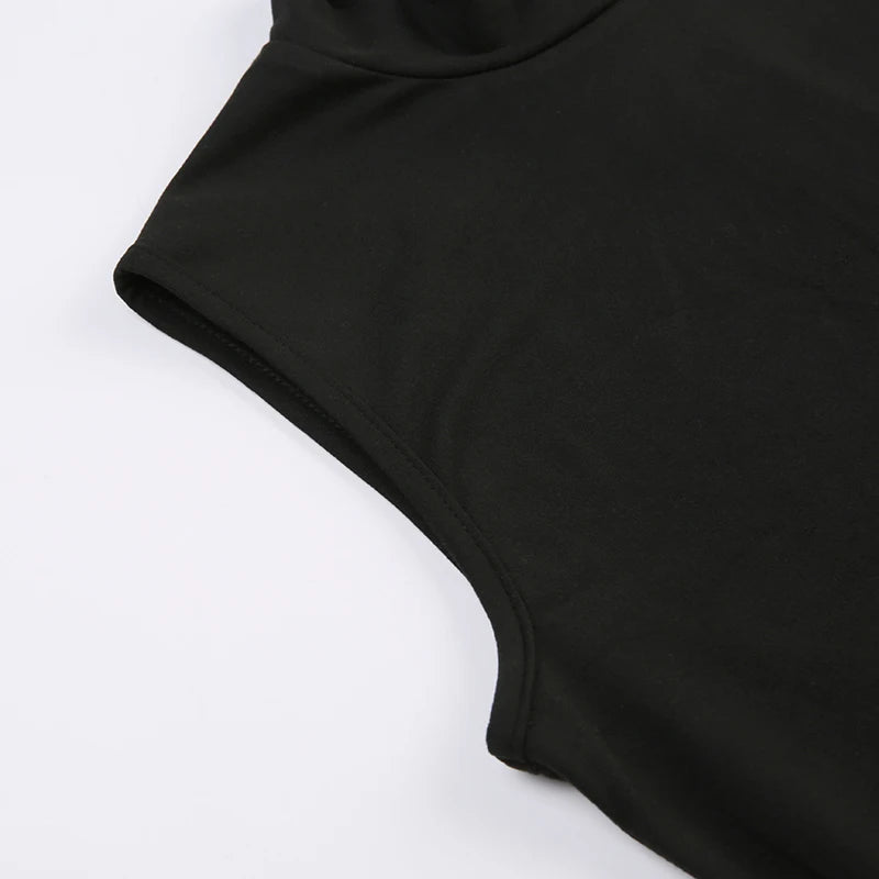 Casual Jogger Bodycon Rompers Solid Black Sleeveless Turtleneck