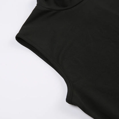 Casual Jogger Bodycon Rompers Solid Black Sleeveless Turtleneck