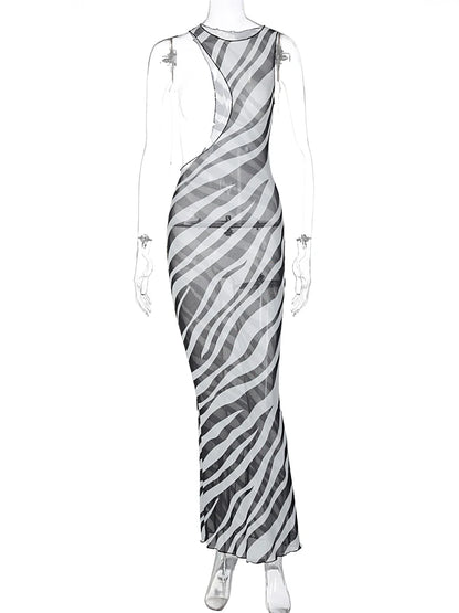 Mesh Sleeveless Striped Print Sexy Maxi Dress