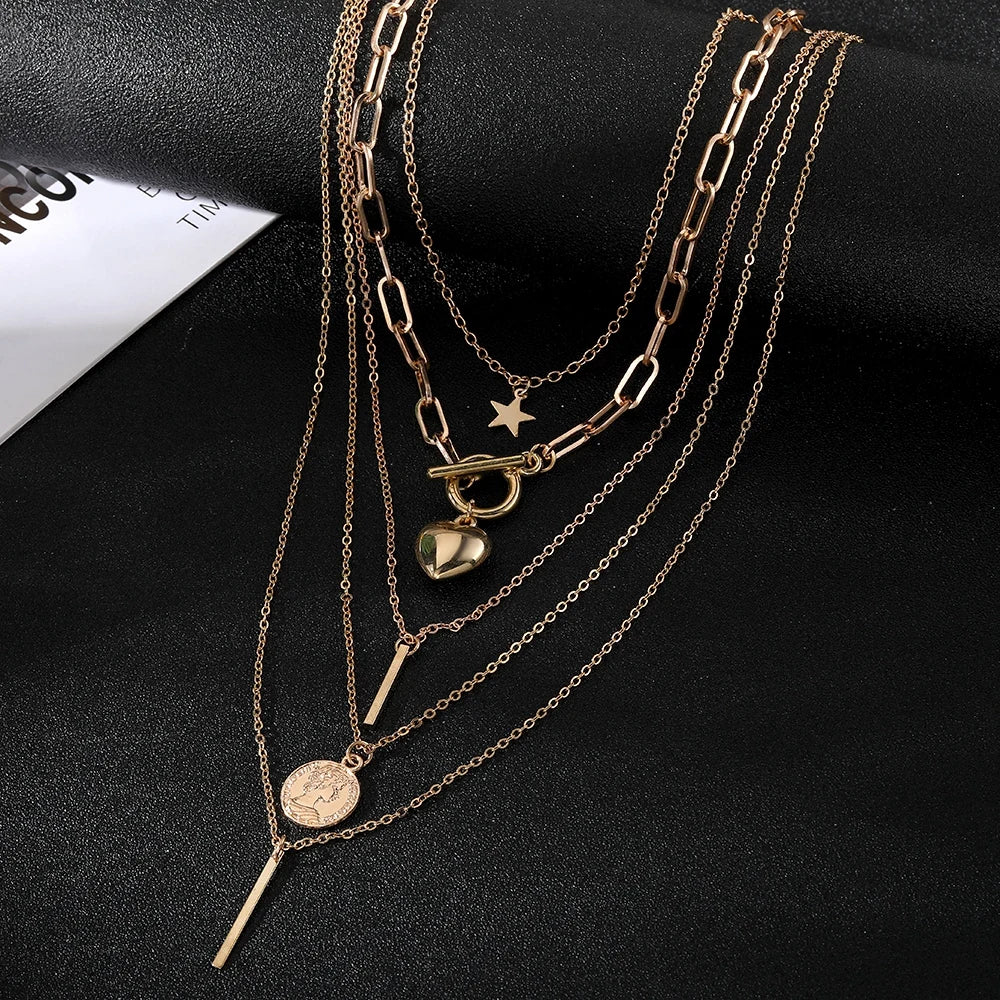 Geometric Pendant Gold Color Multi-Layer Necklace