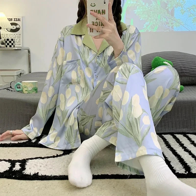 Silk Pajama Set Long Sleeves Trousers