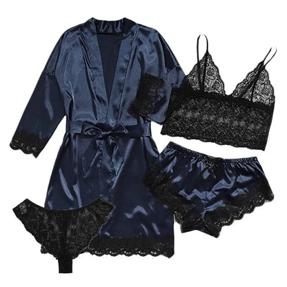 Satin 4-piece Lace Silk Sleepwear