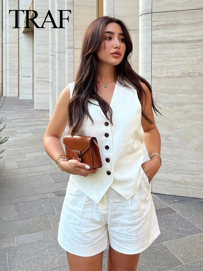 Elegant Solid Waistcoat Shorts Set