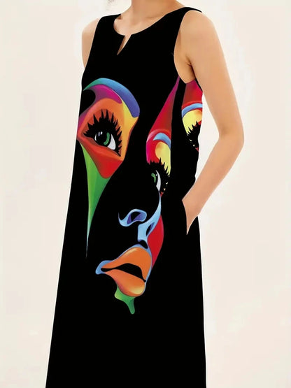 Sleeveless V-neck Printed Sexy Long Dress