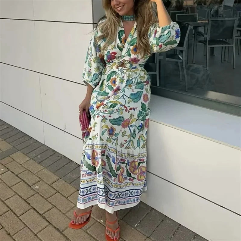 TRAF Print Ruffle Long Dress