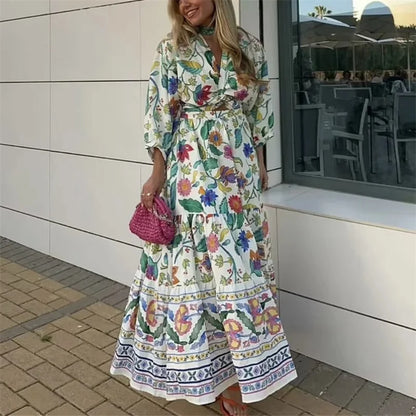 TRAF Print Ruffle Long Dress